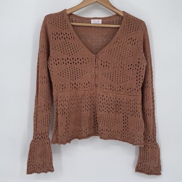 Bell Sleeve Crochet Boho Festival Fairy Hippie Cottage core Top Brown Women’s XS - Picture 2 of 9